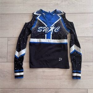 Black & Blue Long Sleeve Blue CheerTop w/ Rhinestones & Cut Out Shoulder Size S